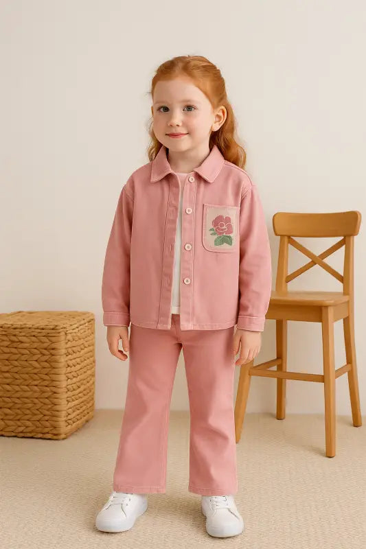 Kız Çocuk Çiçek Nakışlı Pembe Denim Takım – Ceket & Kloş Paça Pantolon | 8-10 Yaş Pastel Şıklık” - Kız Çocuk Giyim/Kız