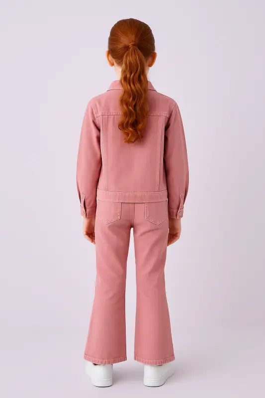 Kız Çocuk Çiçek Nakışlı Pembe Denim Takım – Ceket & Kloş Paça Pantolon | 8-10 Yaş Pastel Şıklık” - Kız Çocuk Giyim/Kız