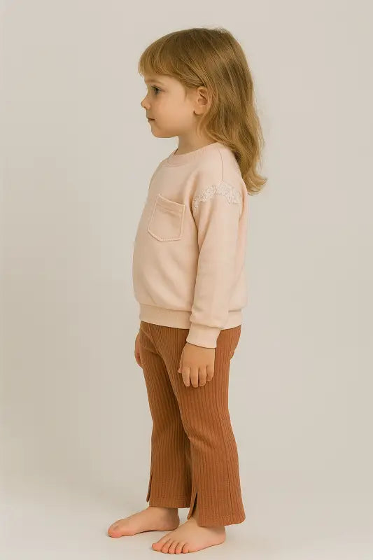 Kız Çocuk Dantelli Çiçek Nakışlı Somon Sweatshirt & Fitilli Kiremit Pantolon Takım | % 100 Pamuk Rahat Kesim 3-5 Yaş