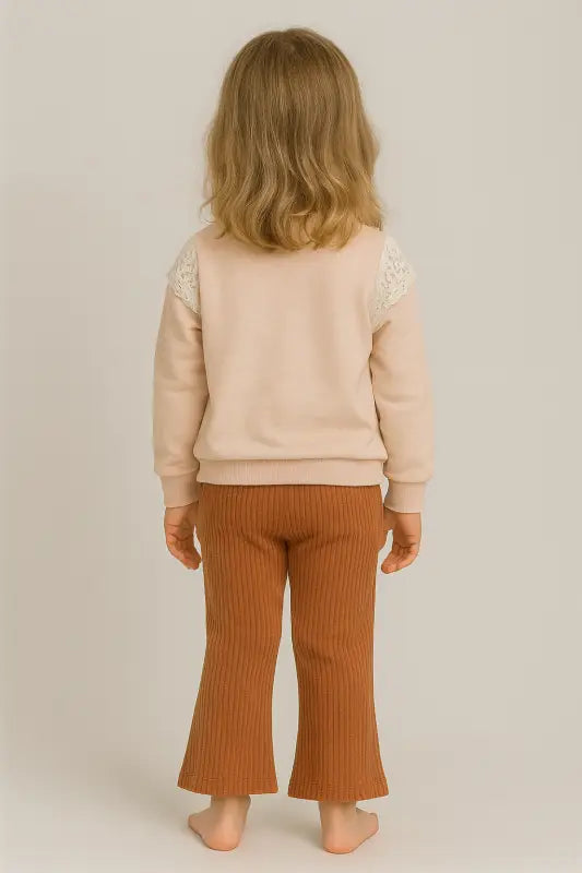 Kız Çocuk Dantelli Çiçek Nakışlı Somon Sweatshirt & Fitilli Kiremit Pantolon Takım | % 100 Pamuk Rahat Kesim 3-5 Yaş