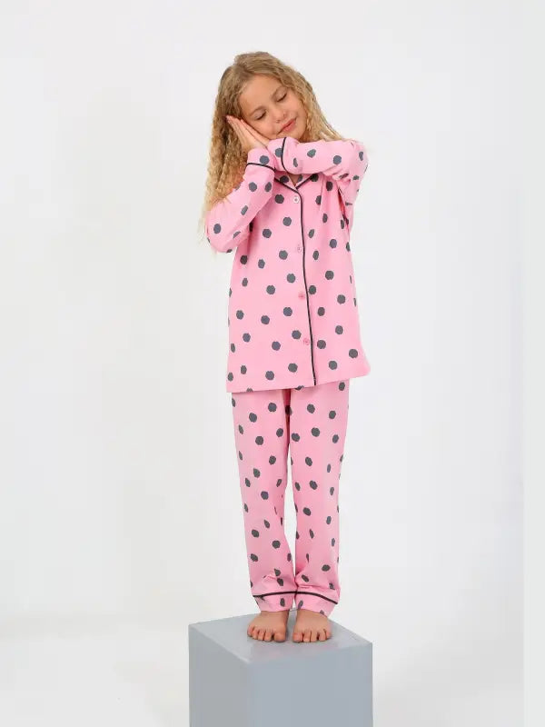 Kız Çocuk Düğmeli Puantiyeli Uzun Kollu Pamuklu Pijama Takımı - 4-15 Yaş - Kız Çocuk Giyim/Kız Çocuk Pijama Takımları