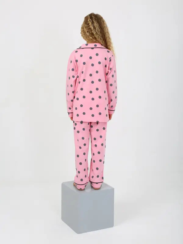 Kız Çocuk Düğmeli Puantiyeli Uzun Kollu Pamuklu Pijama Takımı - 4-15 Yaş - Kız Çocuk Giyim/Kız Çocuk Pijama Takımları