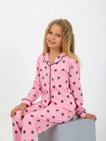 Kız Çocuk Düğmeli Puantiyeli Uzun Kollu Pamuklu Pijama Takımı - 4-15 Yaş - Kız Çocuk Giyim/Kız Çocuk Pijama Takımları