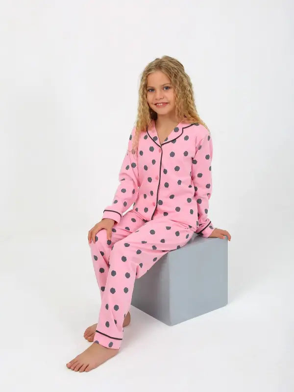 Kız Çocuk Düğmeli Puantiyeli Uzun Kollu Pamuklu Pijama Takımı - 4-15 Yaş - Kız Çocuk Giyim/Kız Çocuk Pijama Takımları