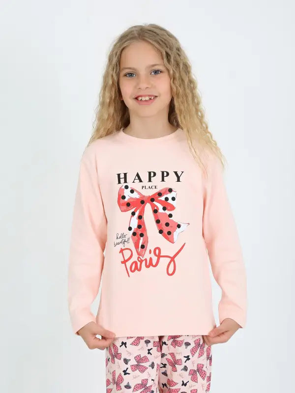 Kız Çocuk Happy Place Paris Baskılı Somon Renk Uzun Kol Pijama Tk. - Kız Çocuk Giyim/Kız Çocuk Pijama Takımları