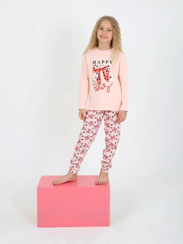 Kız Çocuk Happy Place Paris Baskılı Somon Renk Uzun Kol Pijama Tk. - Kız Çocuk Giyim/Kız Çocuk Pijama Takımları