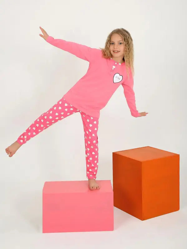 Kız Çocuk Jetaıme Kalp Baskılı Uzun Kollu Pamuklu Pijama Tk. - Kız Çocuk Giyim/Kız Çocuk Pijama Takımları