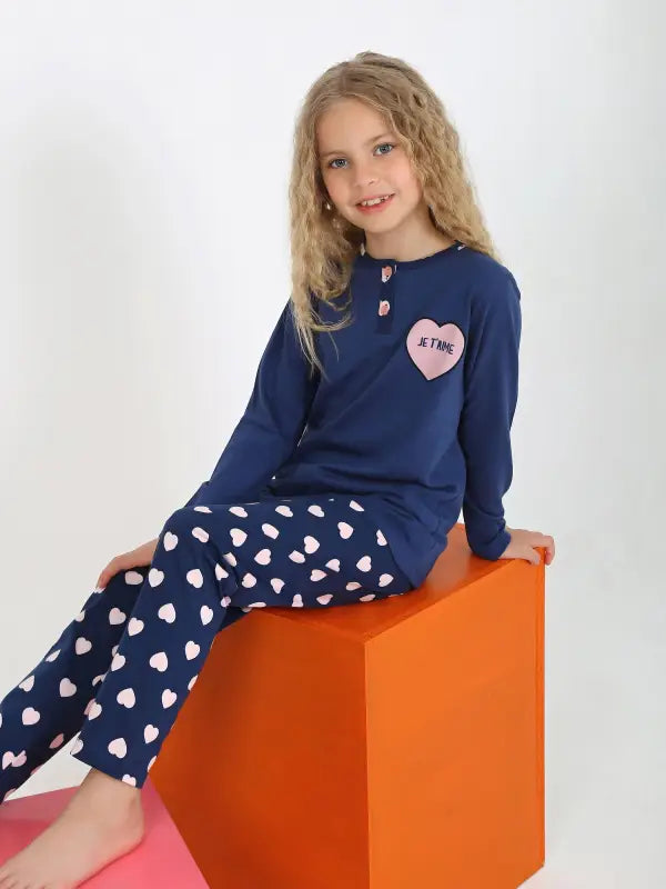 Kız Çocuk Jetaıme Kalp Baskılı Uzun Kollu Pamuklu Pijama Tk. - Kız Çocuk Giyim/Kız Çocuk Pijama Takımları