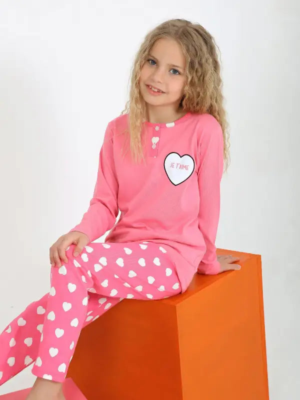 Kız Çocuk Jetaıme Kalp Baskılı Uzun Kollu Pamuklu Pijama Tk. - Kız Çocuk Giyim/Kız Çocuk Pijama Takımları