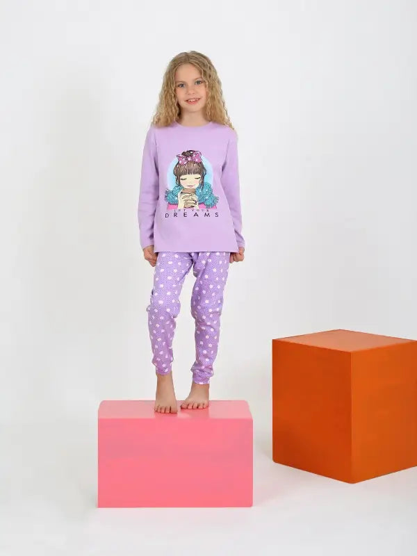 Kız Çocuk Let Your Dreams Fiyonklu Kız Baskılı Uzun Kol Pijama Takımı - Kız Çocuk Giyim/Kız Çocuk Pijama Takımları