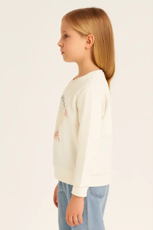 Kız Çocuk “Little Things” Mandala & Çiçek Baskılı Krem Sweatshirt | 5-7 Yaş Pamuklu Rahat Kesim - Kız Çocuk Giyim/Kız