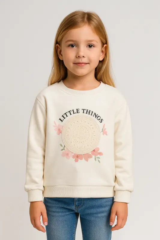 Kız Çocuk “Little Things” Mandala & Çiçek Baskılı Krem Sweatshirt | 5-7 Yaş Pamuklu Rahat Kesim - Kız Çocuk Giyim/Kız