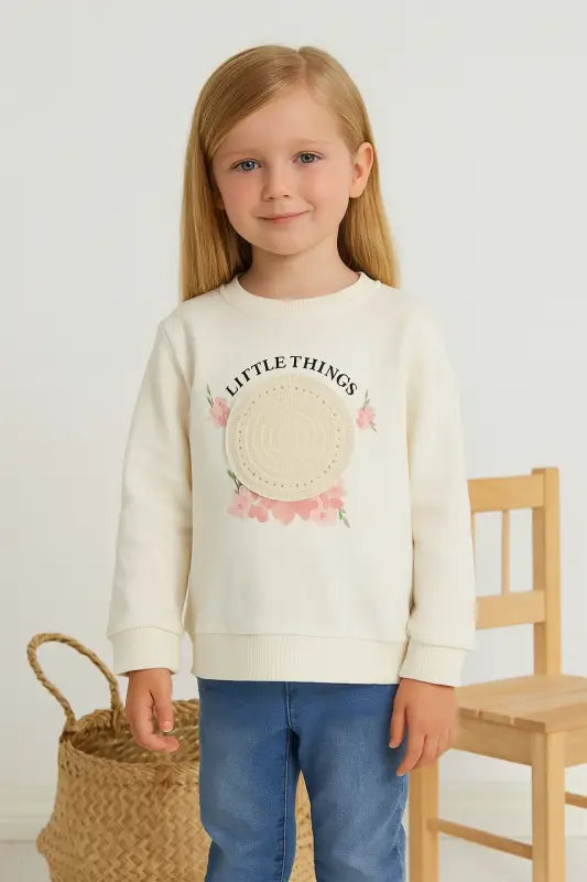 Kız Çocuk “Little Things” Mandala & Çiçek Baskılı Krem Sweatshirt | 5-7 Yaş Pamuklu Rahat Kesim - Kız Çocuk Giyim/Kız