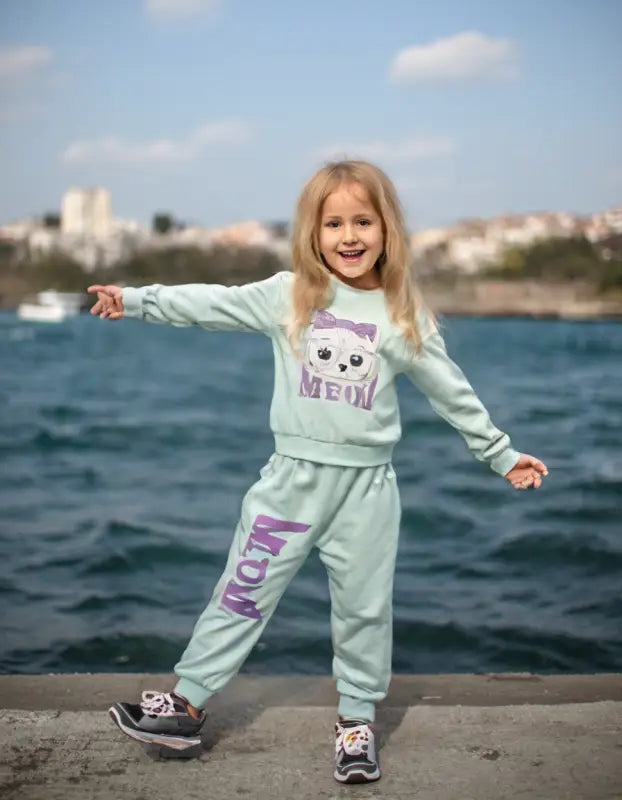 Kız Çocuk Meow Yazılı Kedicik Baskılı Mint Yeşili Renk 2Li Tk. - Kız Çocuk Giyim/Kız Çocuk Takım