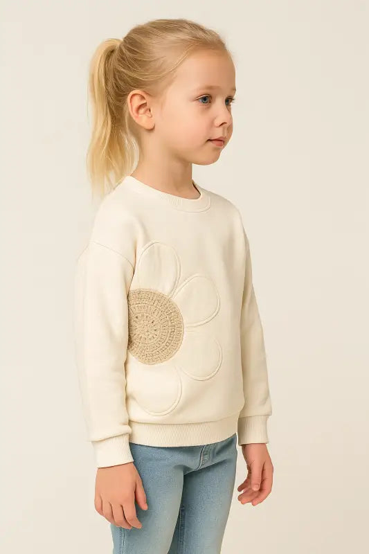 Kız Çocuk Örgü Papatyalı Krem Sweatshirt – 3 İplik Şardonlu Kroşe Aplike Sıcacık Kışlık (4-6 Yaş) - Kız Çocuk Giyim/Kız