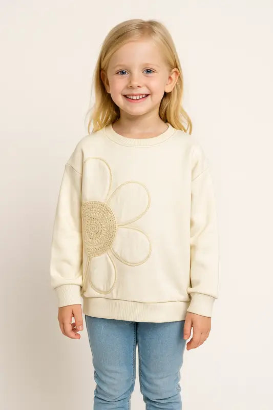 Kız Çocuk Örgü Papatyalı Krem Sweatshirt – 3 İplik Şardonlu Kroşe Aplike Sıcacık Kışlık (4-6 Yaş) - Kız Çocuk Giyim/Kız