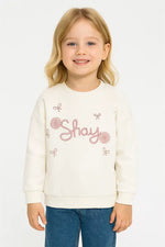 Kız Çocuk “Shay” Nakışlı Ekru Sweatshirt – Pudra Çiçek & Kurdele Detaylı 3 İplik (4-6 Yaş) - Kız Çocuk Giyim/Kız Çocuk
