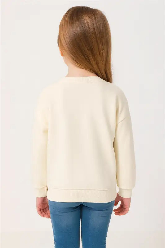 Kız Çocuk “Shay” Nakışlı Ekru Sweatshirt – Pudra Çiçek & Kurdele Detaylı 3 İplik (4-6 Yaş) - Kız Çocuk Giyim/Kız Çocuk
