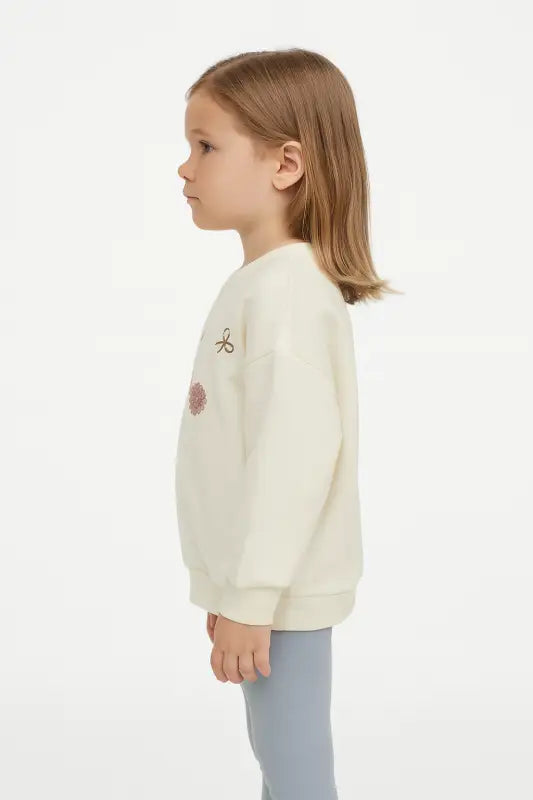 Kız Çocuk “Shay” Nakışlı Ekru Sweatshirt – Pudra Çiçek & Kurdele Detaylı 3 İplik (4-6 Yaş) - Kız Çocuk Giyim/Kız Çocuk