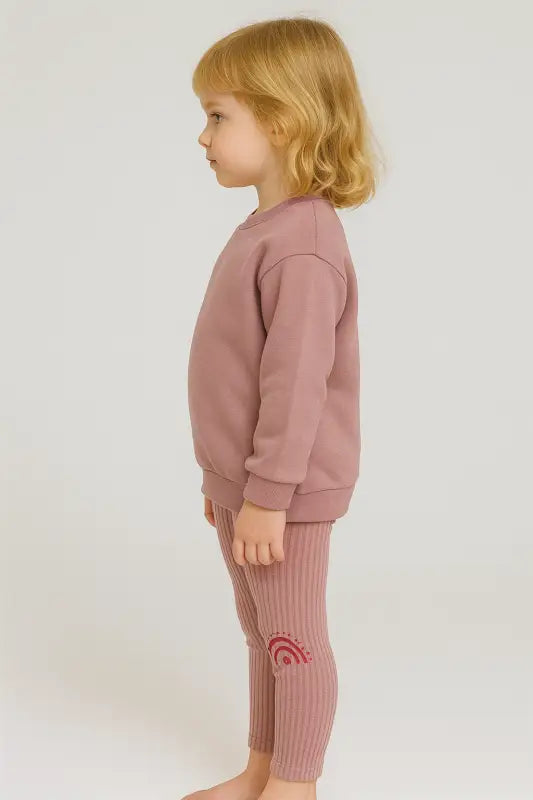 Kız Çocuk “Wonderful” Gökkuşağı Baskılı Pudra Lila Sweatshirt & Ribanalı Tayt Takımı | 3-6 Yaş Pamuklu Rahat Kesim