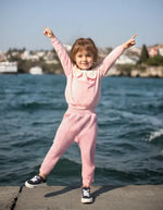 Kız Çocuk Yakası Dantelli Pembe Renk Cute Girl Fitilli Pantolonlu Takım - Kız Çocuk Giyim/Kız Çocuk Takım