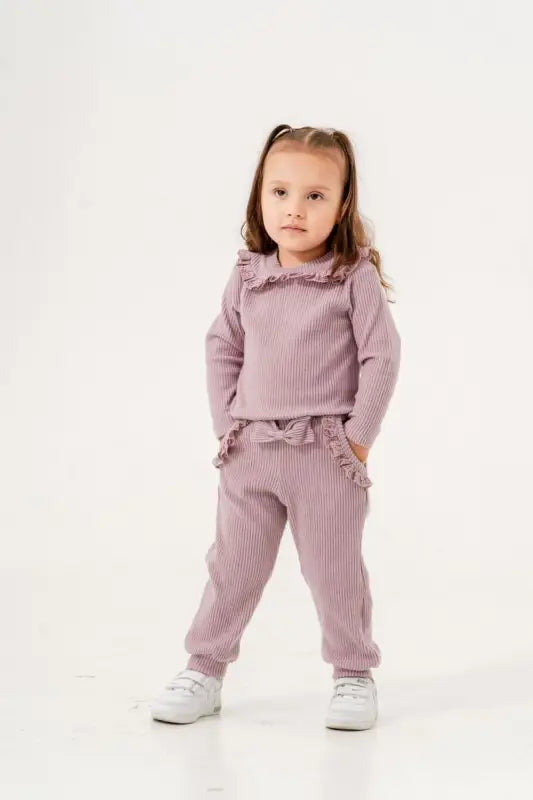 Kız Çocuk Yakası Fistolu Kadife Fitilli Mürdüm Renk 2Li Takım - Kız Çocuk Giyim/Kız Çocuk Takım