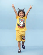 Kuromi Baskılı Sarı Kız Çocuk Şortlu Takım | % 100 Pamuk | 3-6 Yaş Yazlık İkili Set - Kız Çocuk Giyim/Kız Çocuk Takım