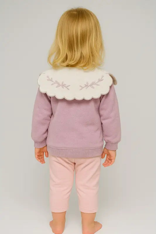 Lila Çiçek Nakışlı Pelerin Yakalı Bebek Sweatshirt & Tayt Takımı | % 100 Pamuk | 1-2 Yaş Kız Bebek - Bebek Giyim/Kız