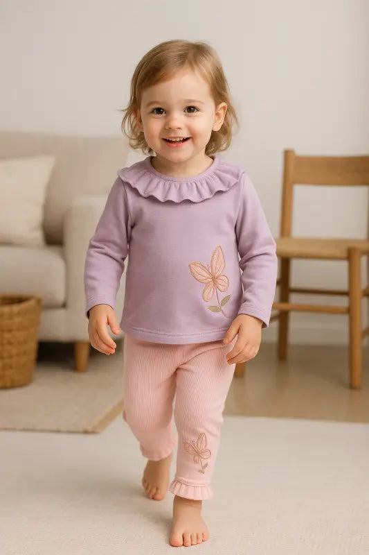 Lila Kelebek Nakışlı Fırfır Yakalı Bebek Takımı – Pudra Pembe Tayt | % 100 Pamuk | 1-2 Yaş Kız Bebek - Bebek Giyim/Kız