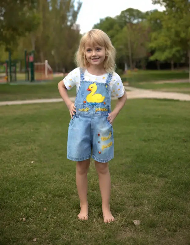 Ördek Baskılı Tişörtlü Sweet Princess Yazılı Kot Salopet Takım - 12 - 18 - 24 Ay - Kısa Kollu - Şortlu - Salopet