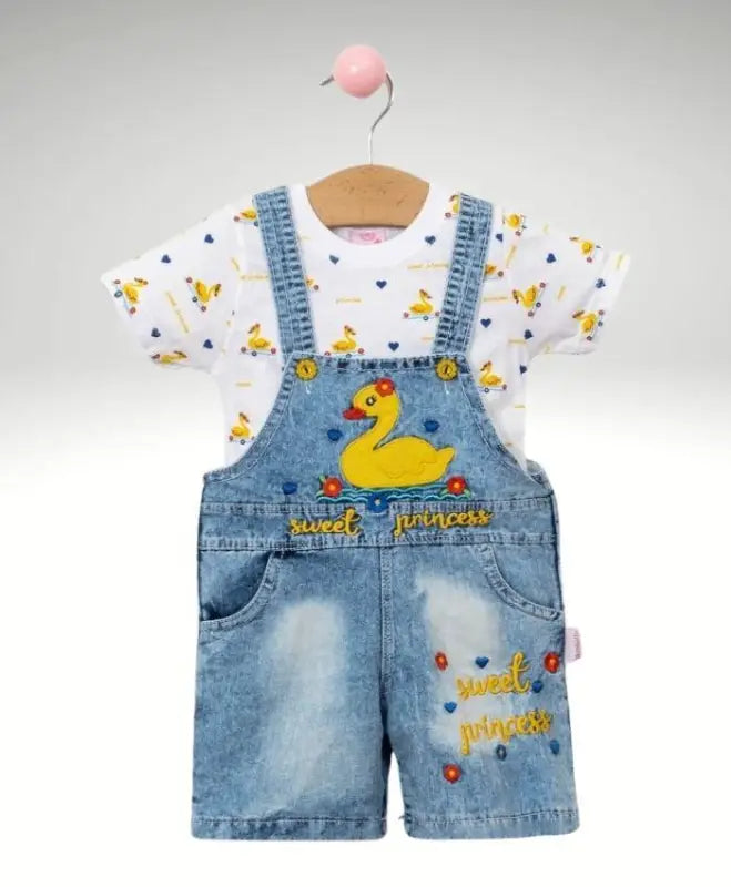 Ördek Baskılı Tişörtlü Sweet Princess Yazılı Kot Salopet Takım - 12 - 18 - 24 Ay - Kısa Kollu - Şortlu - Salopet