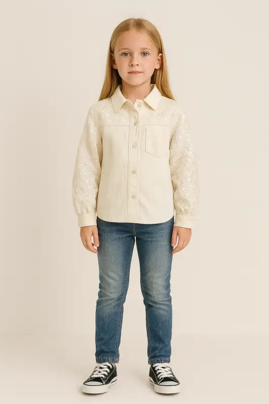 Paillette İşlemeli Krem Denim Kız Çocuk Ceket – Işıltılı % 100 Pamuk | 8-10 Yaş Mevsimlik Şıklık” - Kız Çocuk Giyim/Kız