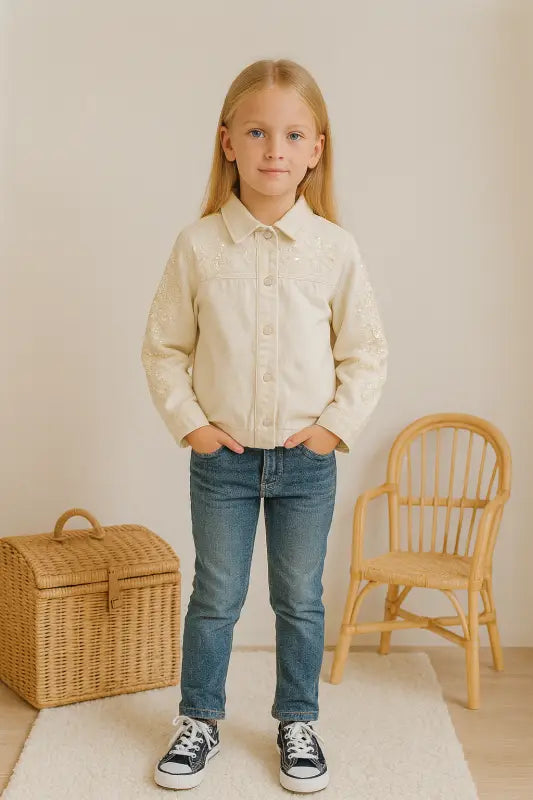 Paillette İşlemeli Krem Denim Kız Çocuk Ceket – Işıltılı % 100 Pamuk | 8-10 Yaş Mevsimlik Şıklık” - Kız Çocuk Giyim/Kız