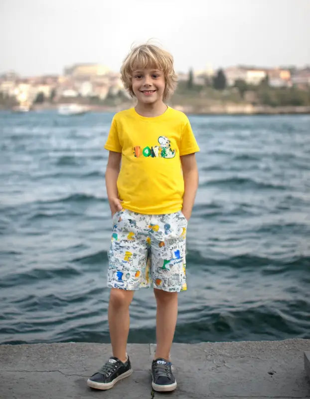 Sarı Renk Erkek Çocuk Yazlık Takım | 3 - 6 Yaş | Pijama Takımı | Sarı Tshirt & Beyaz Desenli Şort - Erkek Çocuk