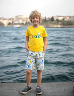 Sarı Renk Erkek Çocuk Yazlık Takım | 3 - 6 Yaş | Pijama Takımı | Sarı Tshirt & Beyaz Desenli Şort - Erkek Çocuk