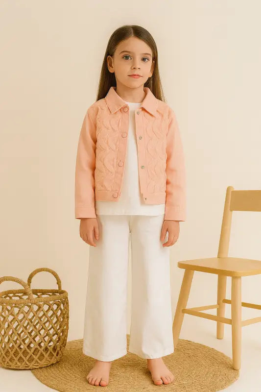 Somon Tül İşlemeli Kız Çocuk Denim Ceket – Çıtçıtlı Pamuklu 7-9 Yaş Pastel Şıklığı” - Kız Çocuk Giyim/Kız Çocuk Takım