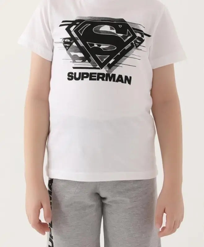 Süpermen Desenli Erkek Çocuk Takım | Şort & Tshirt Takım | Beyaz & Gri | 6 - 9 Yaş - Erkek Çocuk Giyim/Erkek Çocuk Takım