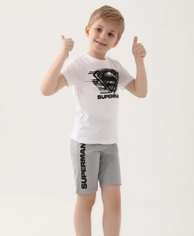 Süpermen Desenli Erkek Çocuk Takım | Şort & Tshirt Takım | Beyaz & Gri | 6 - 9 Yaş - Erkek Çocuk Giyim/Erkek Çocuk Takım