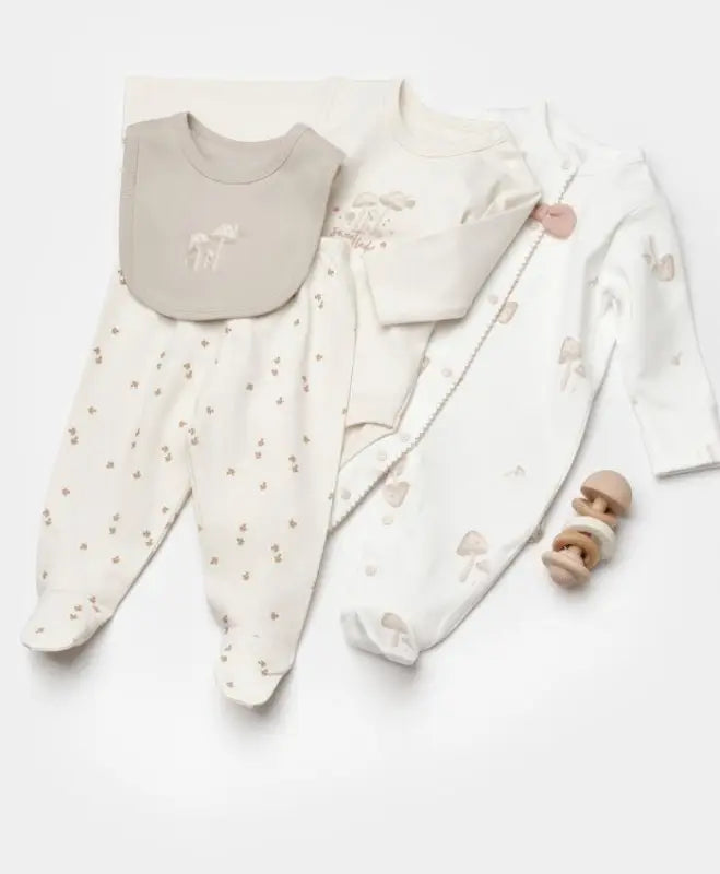 Unisex Mantar Baskılı Boydan Çıtçıtlı Organik Pamuklu Ayaklı Tulum Zıbın Seti Ayaklı Tulum - krem / 0-3 ay - Bebek