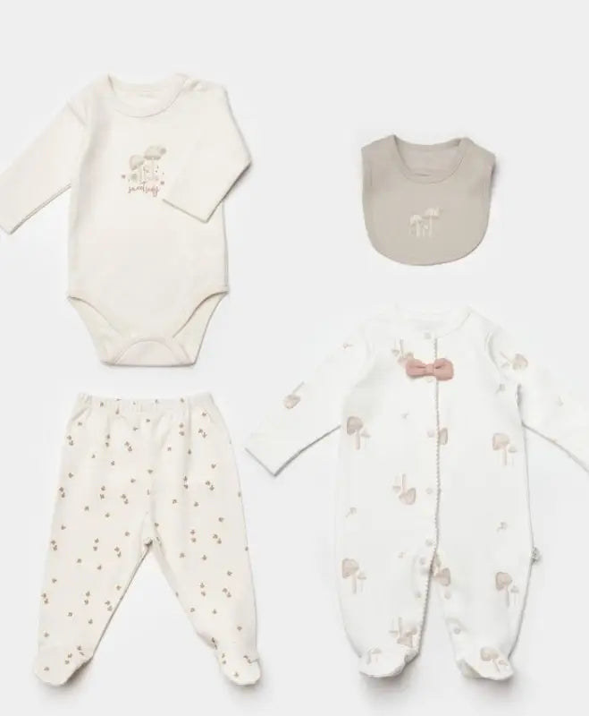 Unisex Mantar Baskılı Boydan Çıtçıtlı Organik Pamuklu Ayaklı Tulum Zıbın Seti Ayaklı Tulum - krem / 0-3 ay - Bebek