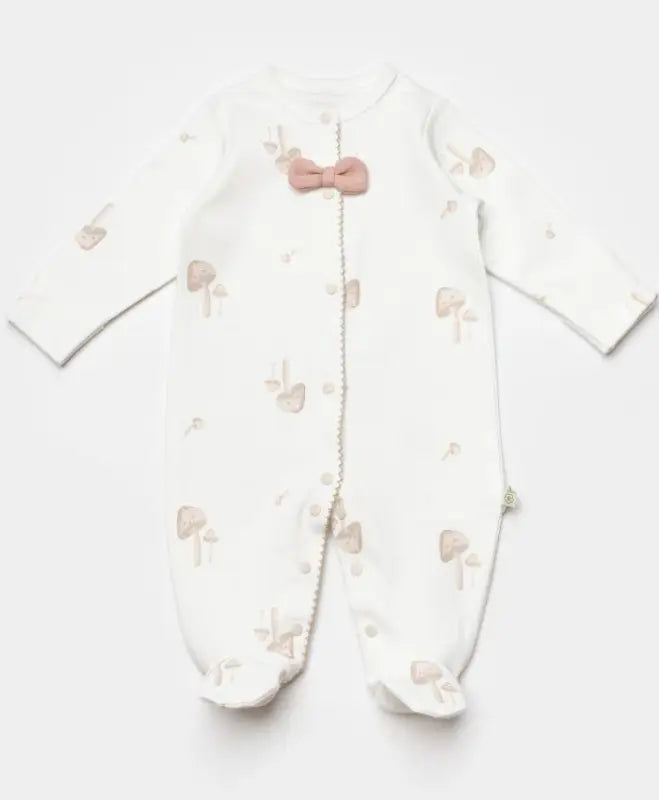 Unisex Mantar Baskılı Boydan Çıtçıtlı Organik Pamuklu Ayaklı Tulum Zıbın Seti Ayaklı Tulum - krem / 0-3 ay - Bebek