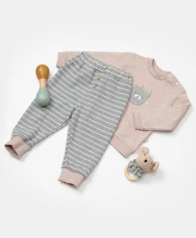 Unisex Yıldız Baskılı Kedicik Nakışlı Cepli Gri Renkli Çizgili Pantolonlu 2Li Takım - Bebek Giyim/Kız Bebek Giyim/Kız