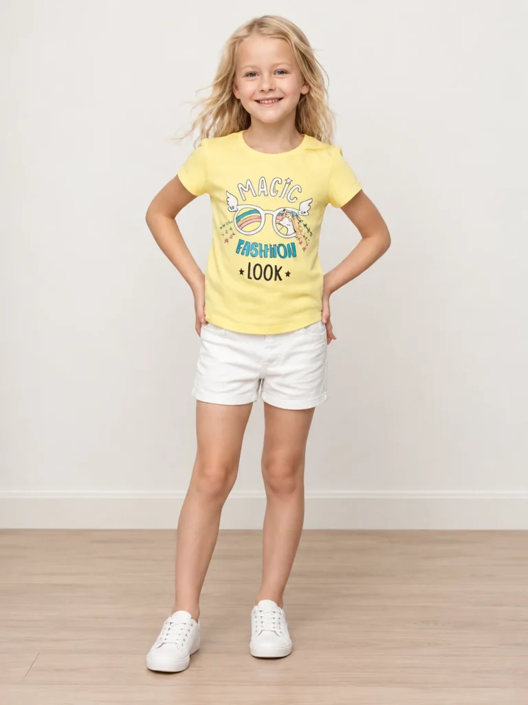 Gözlüklü Baskılı Tropikal Desen Kısa Kollu Kız Çocuk T - Shirt - Mor, 3 - 4 Yaş