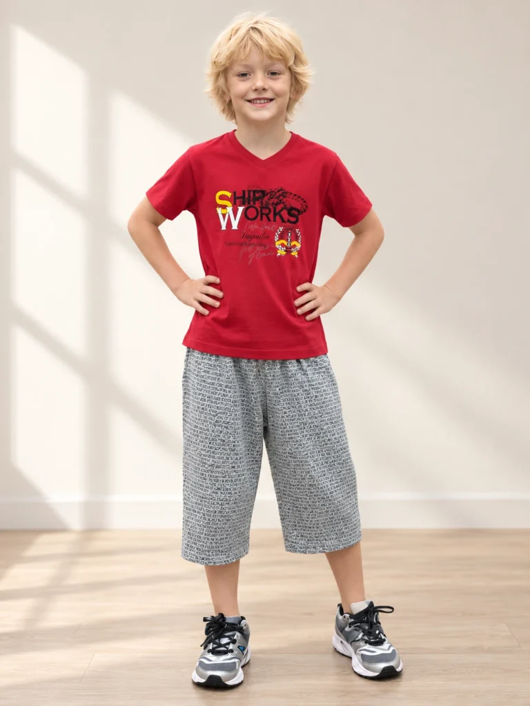 Erkek Çocuk Yazlık Pijama Takımı | Kırmızı Tişört & Gri Kapri | 7 - 12 Yaş