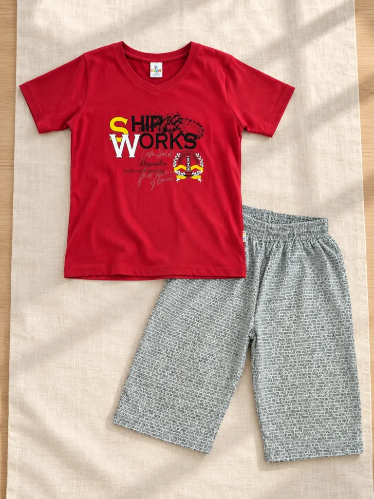 Erkek Çocuk Yazlık Pijama Takımı | Kırmızı Tişört & Gri Kapri | 7 - 12 Yaş - Alternatif ürün görünümü - Almira Bebek