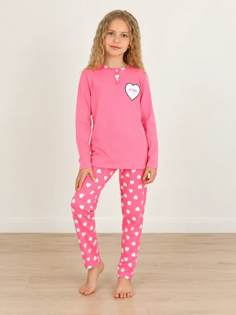 Kız Çocuk Jetaıme Kalp Baskılı Uzun Kollu Pamuklu Pijama Tk.