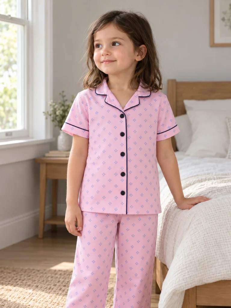 Kız Çocuk Önden Düğmeli Kısa Kollu Çiçek Baskılı Pembe Renk Pijama Takımı