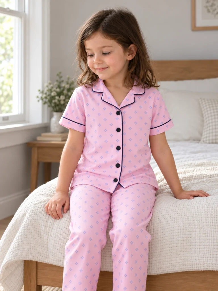 Kız Çocuk Önden Düğmeli Kısa Kollu Çiçek Baskılı Pembe Renk Pijama Takımı - V3 doğal ürün görünümü - Almira Bebek
