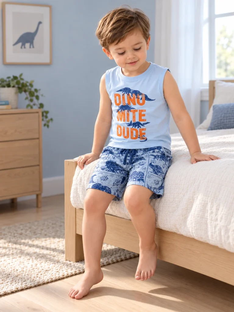 Erkek Çocuk Dinazor Baskılı Sıfır Kollu Şortlu Pijama Takımı - V3 doğal ürün görünümü - Almira Bebek