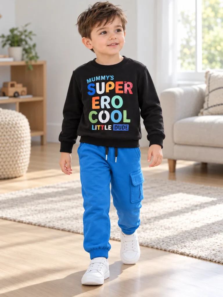 Erkek Çocuk Supercool Yazılı Uzun Kollu Siyah Renk Eşofman Takım